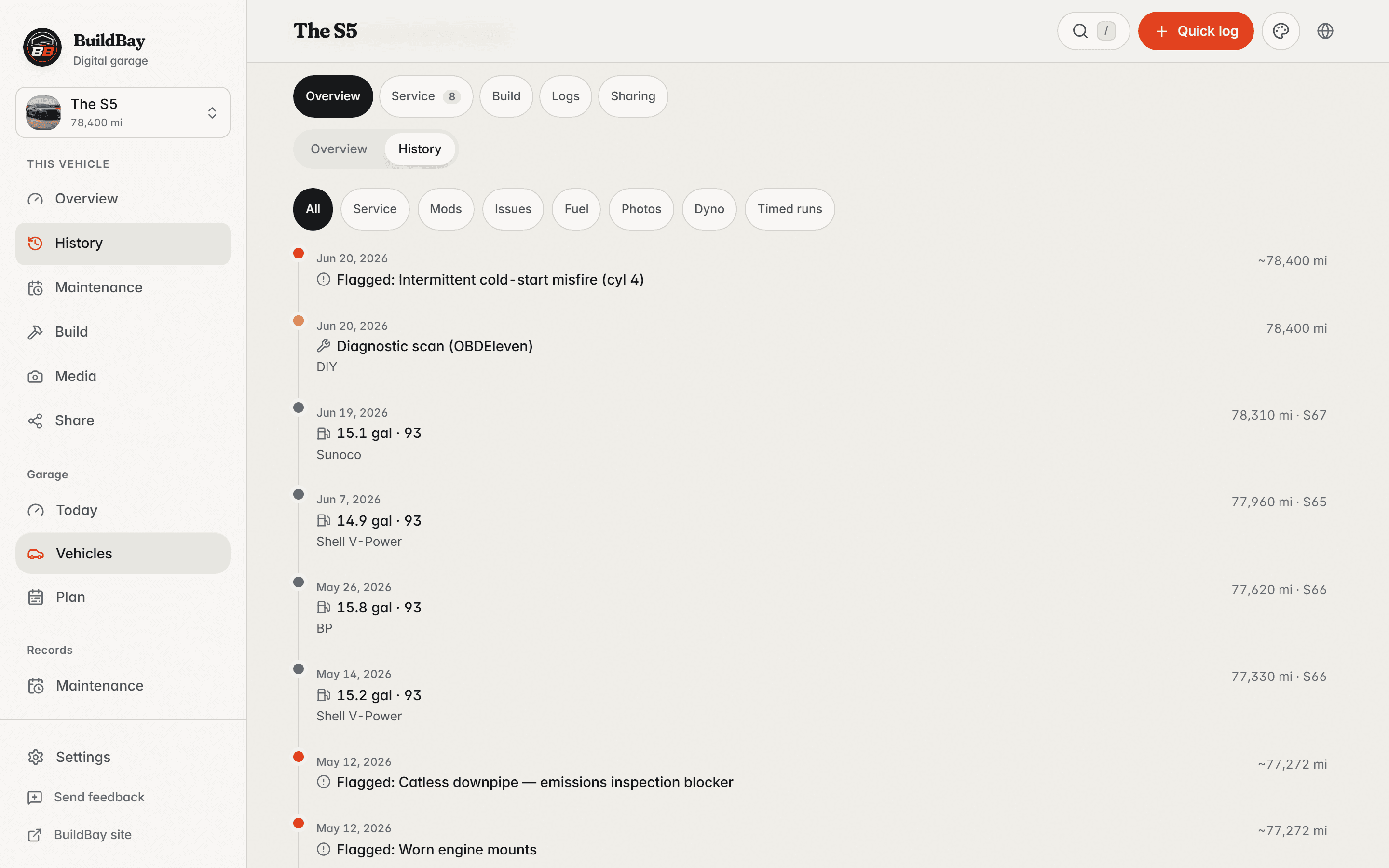 BuildBay history tab for the S5: a single dated timeline of services, mods, and fuel stops with type filters.
