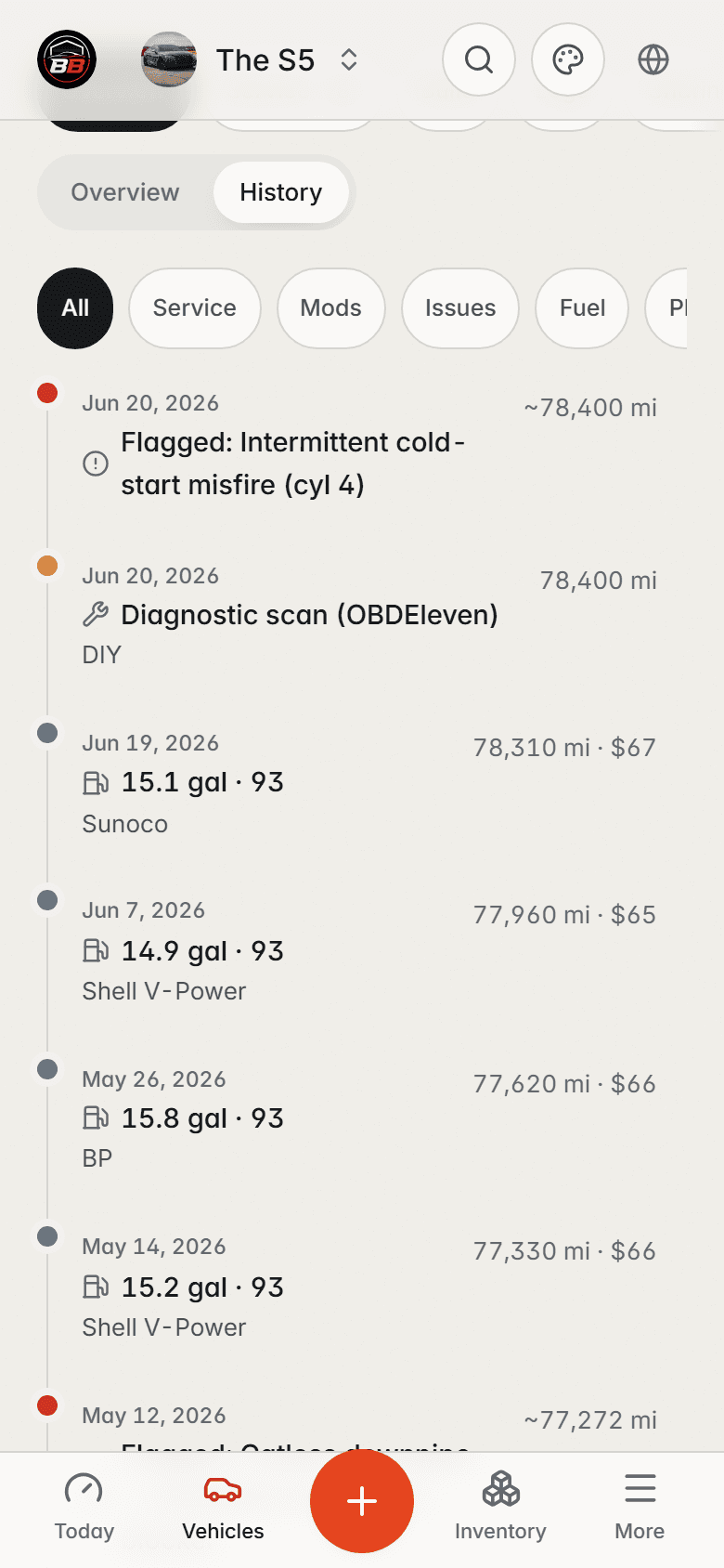 BuildBay history tab for the S5: a single dated timeline of services, mods, and fuel stops with type filters.