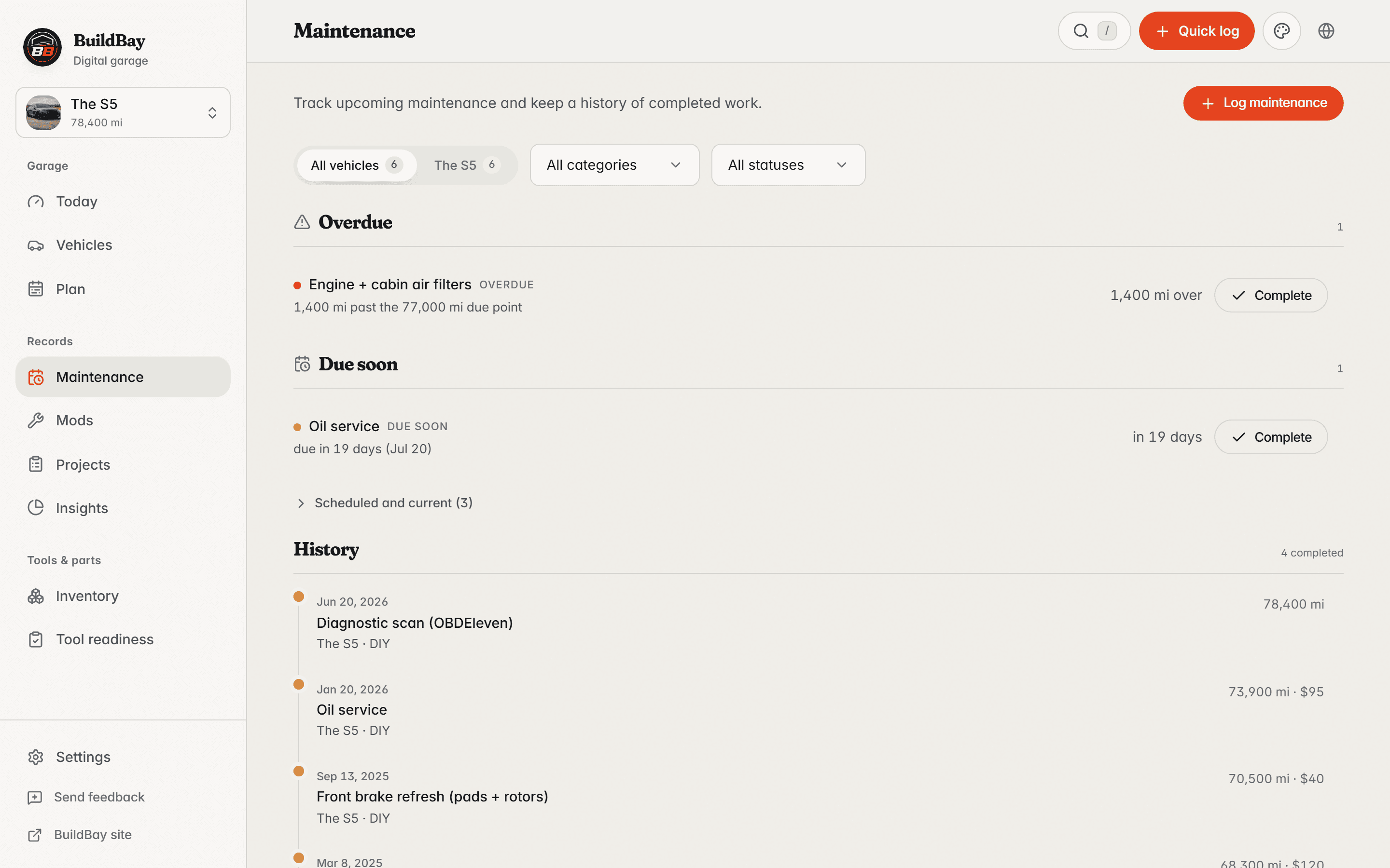 BuildBay maintenance board: overdue and due-soon services listed with reasons, above the completed service history.
