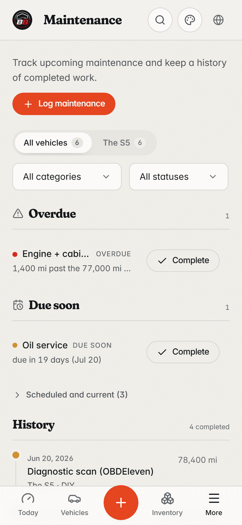BuildBay maintenance board: overdue and due-soon services listed with reasons, above the completed service history.
