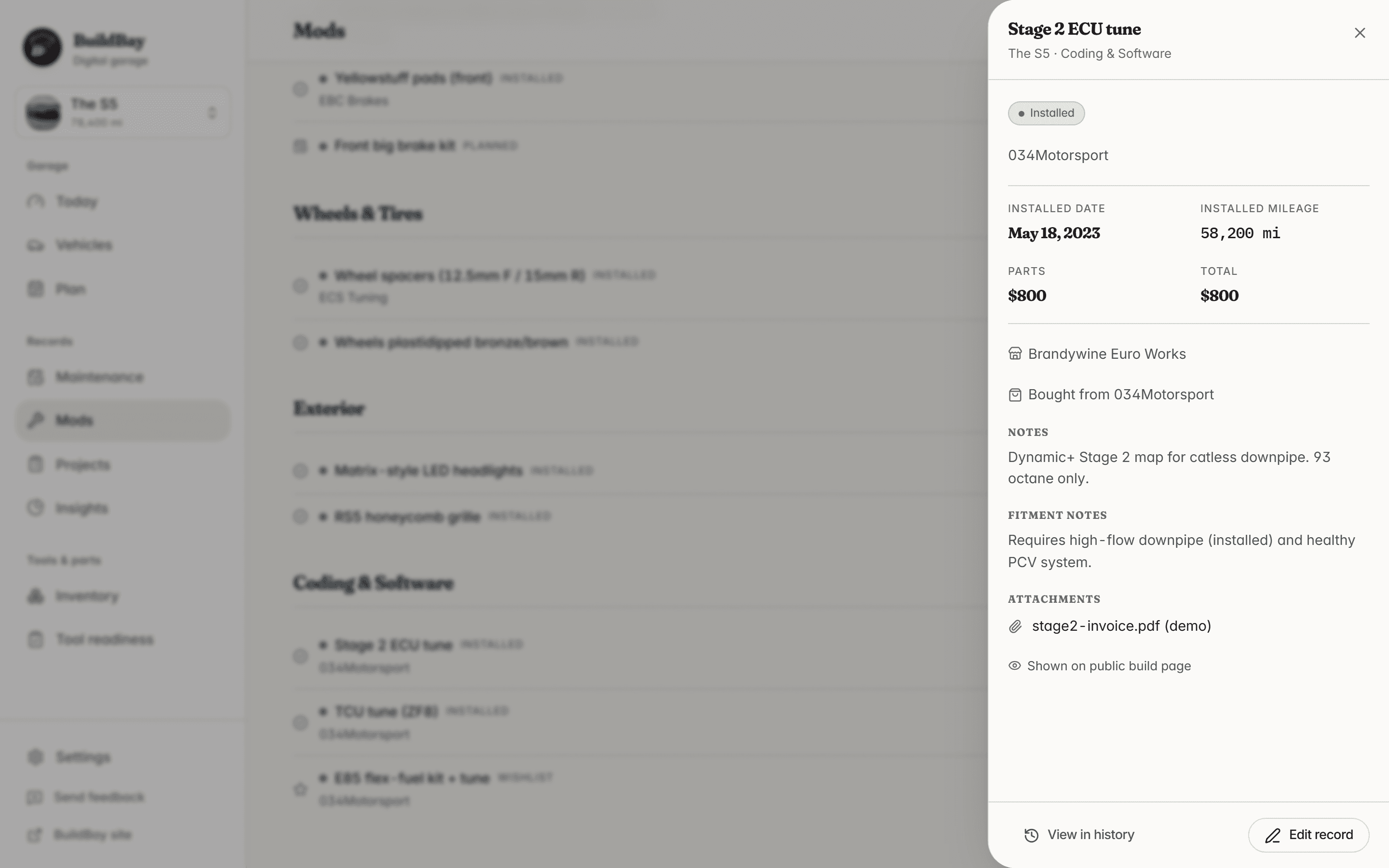 BuildBay mod ledger with the Stage 2 ECU tune record open in a drawer showing cost, install date, and notes.