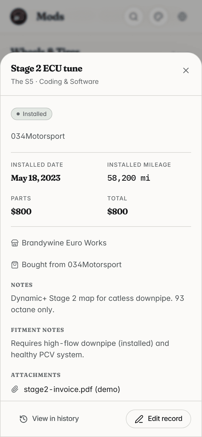BuildBay mod ledger with the Stage 2 ECU tune record open in a drawer showing cost, install date, and notes.