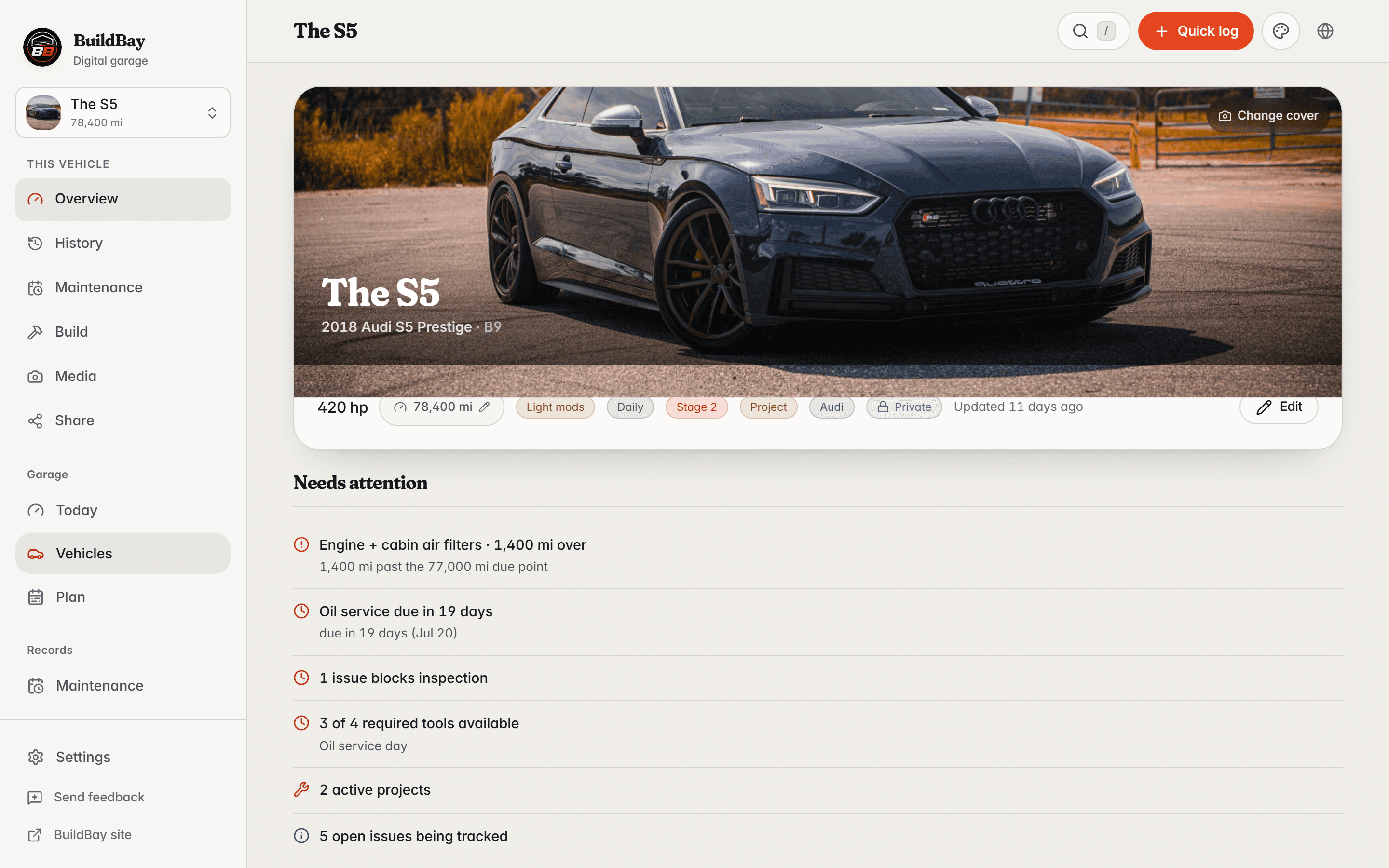 BuildBay vehicle overview for a 2018 Audi S5: masthead with power and mileage, a needs-attention list, and a dated history timeline.