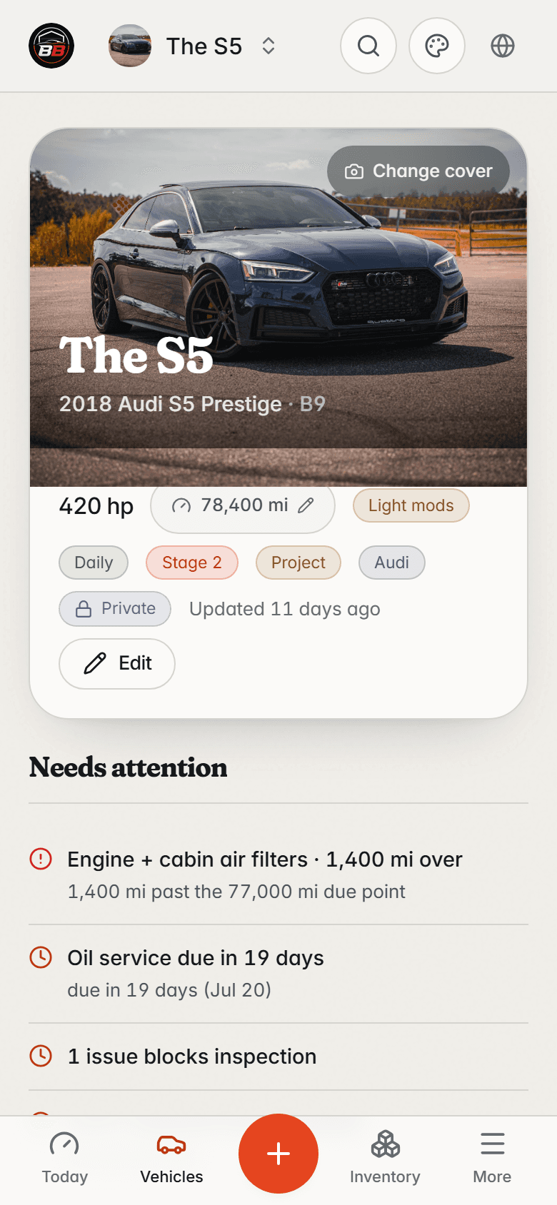 BuildBay vehicle overview for a 2018 Audi S5: masthead with power and mileage, a needs-attention list, and a dated history timeline.