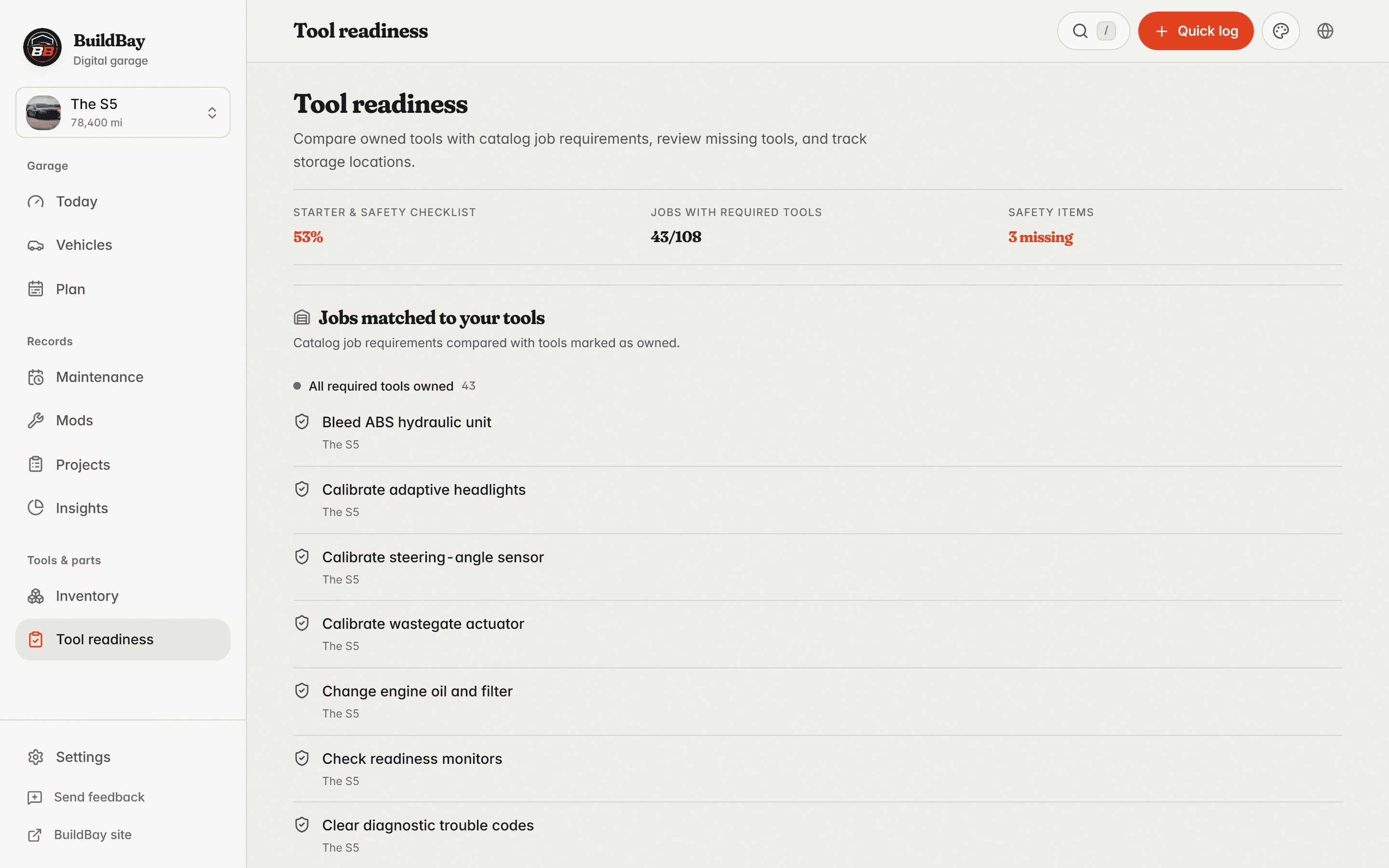 BuildBay tool readiness report matching catalog jobs against owned tools and listing missing tools per job.