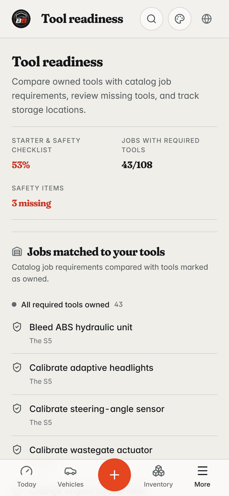 BuildBay tool readiness report matching catalog jobs against owned tools and listing missing tools per job.