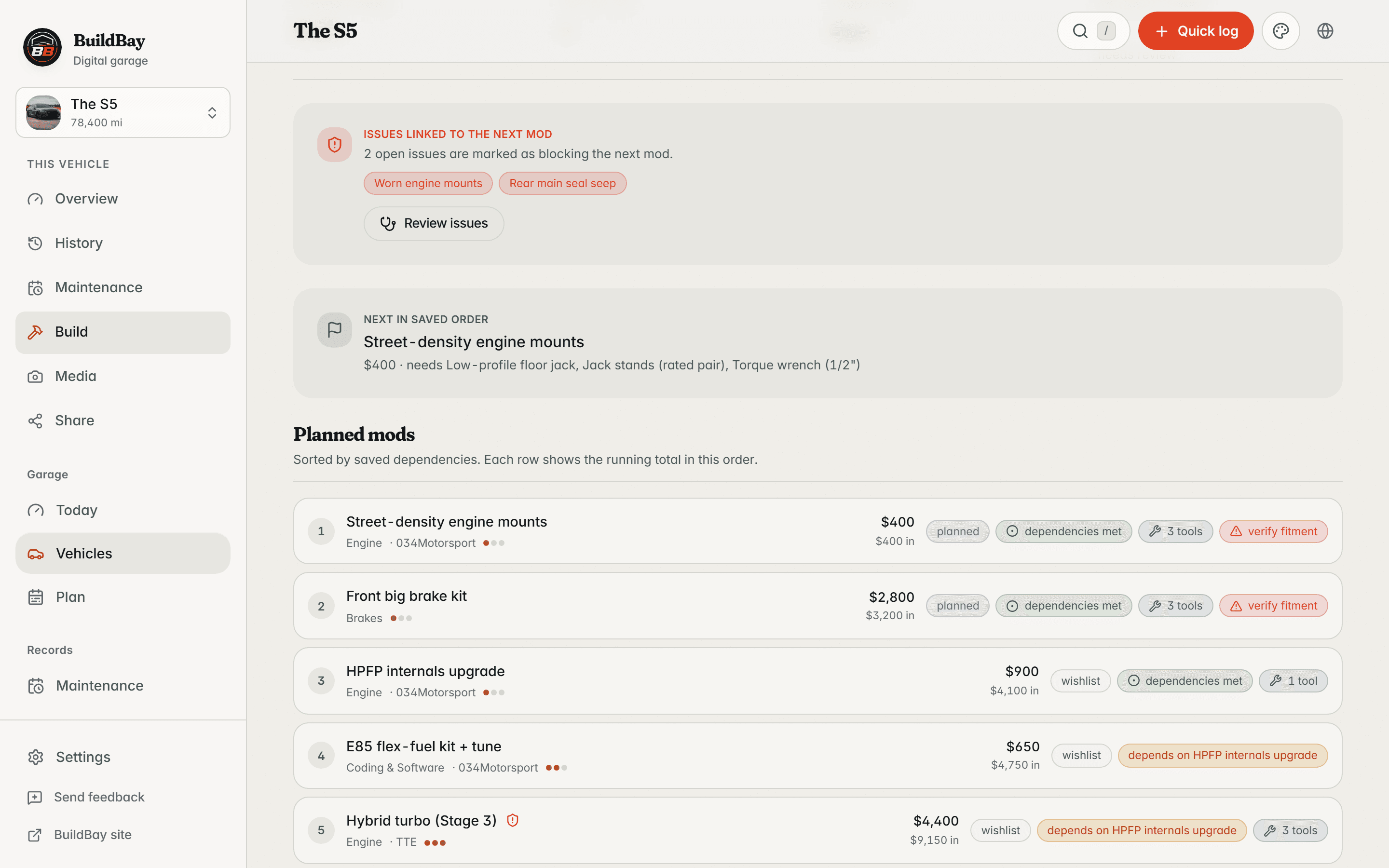 BuildBay build plan tab for the S5 listing planned mods in dependency order with costs and gating issues.