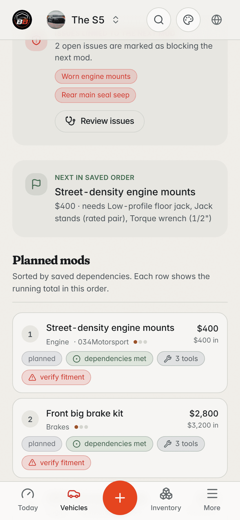 BuildBay build plan tab for the S5 listing planned mods in dependency order with costs and gating issues.