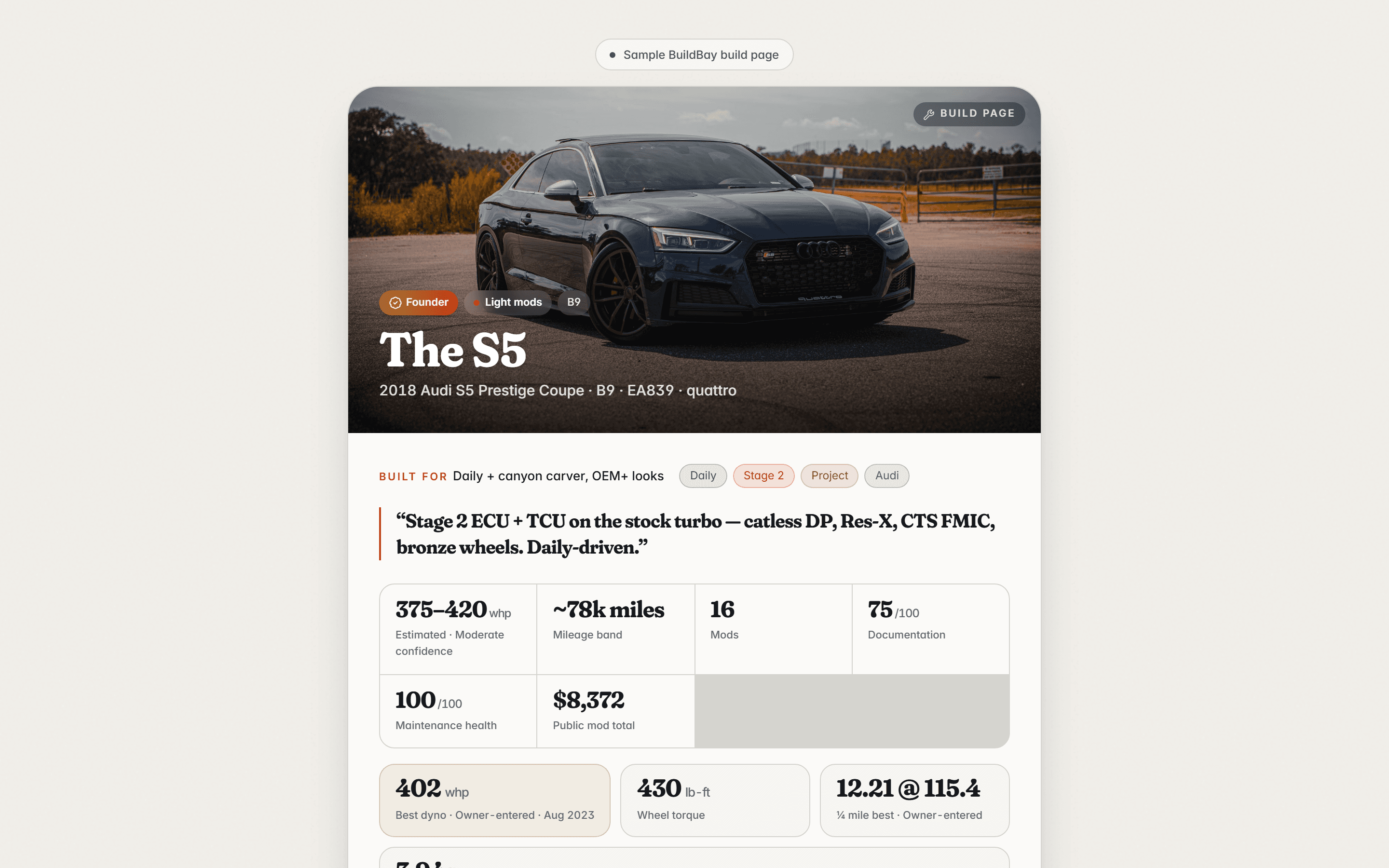 The S5’s public BuildBay build page showing installed mods and milestones with private details excluded.