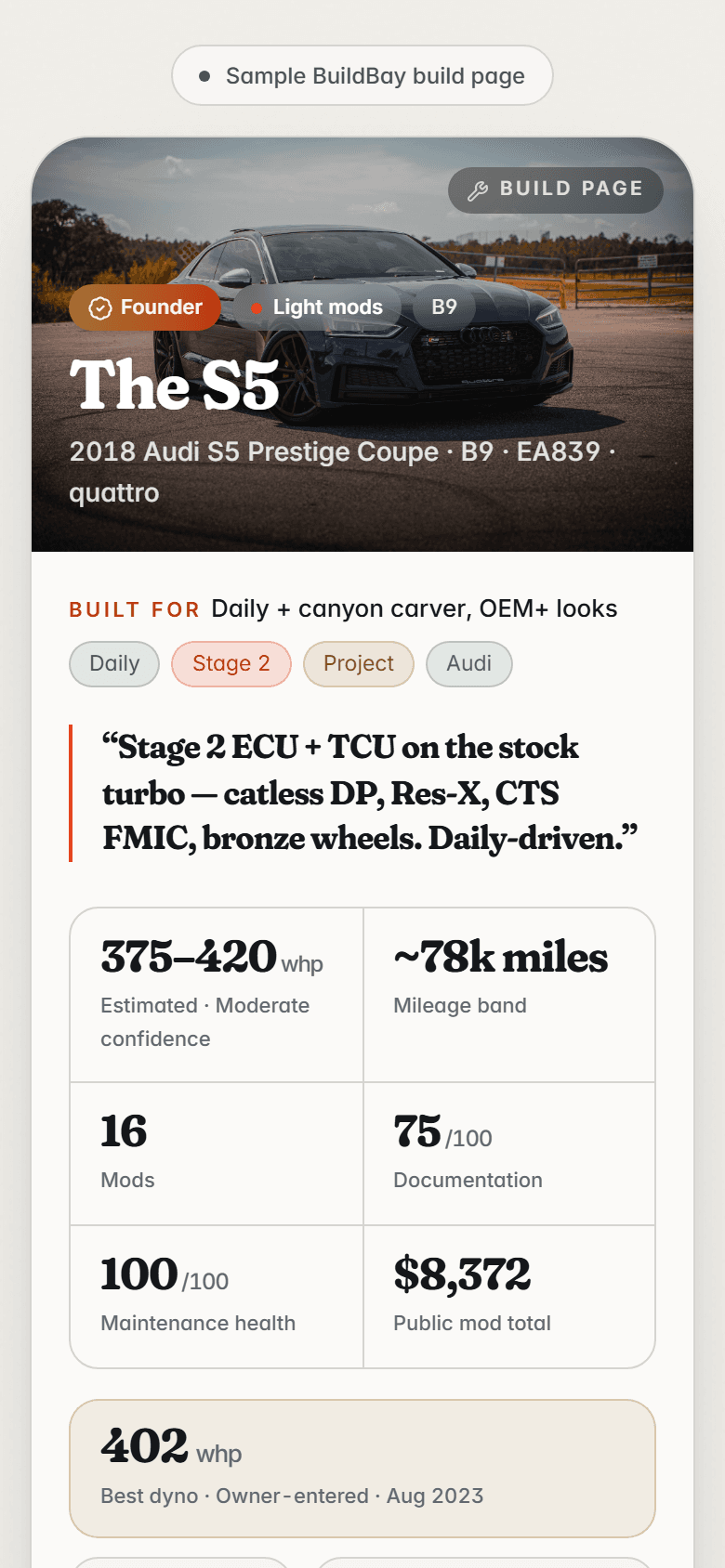 The S5’s public BuildBay build page showing installed mods and milestones with private details excluded.